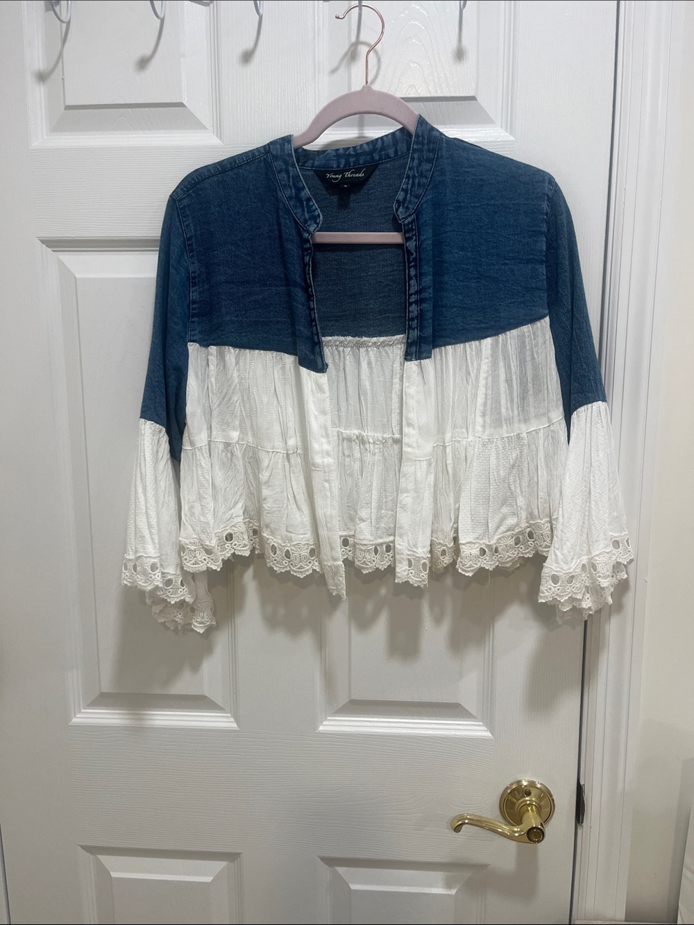 Whitley Croft Denim & Lace Open Jacket - Blue and White
